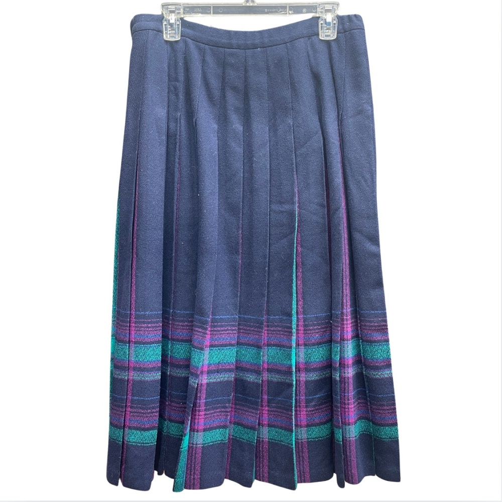 Vintage Pendleton Navy Purple Teal Plaid Classic Pleated Wool Skirt Sz 16 - Picture 2 of 4